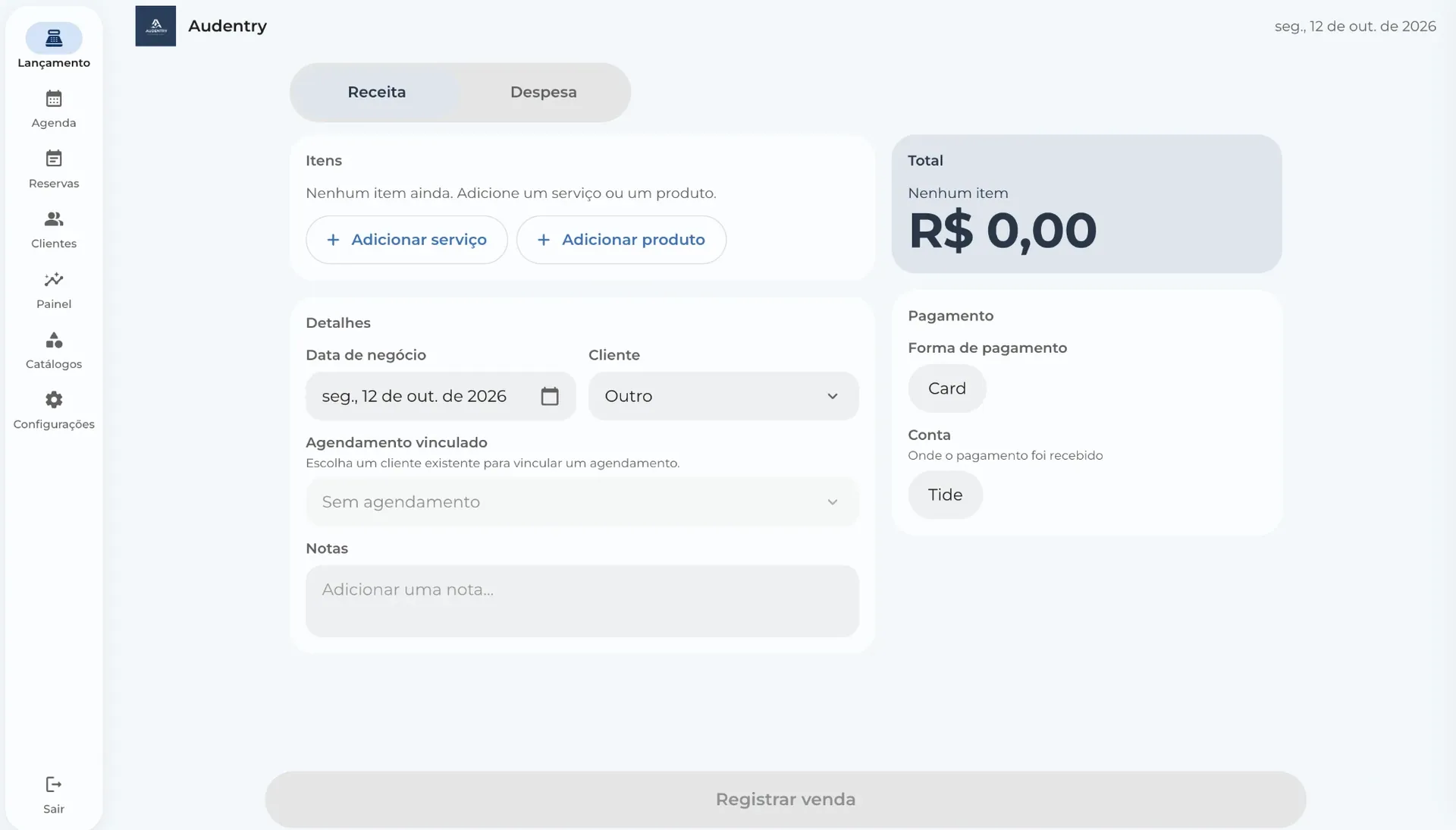 Tela de lançamento de uma receita, com itens, cliente, forma de pagamento e total.