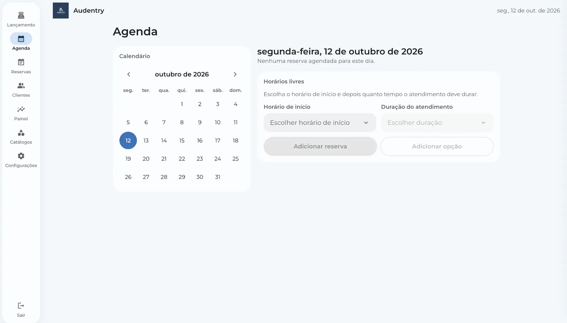 Agenda com o calendário do mês e os horários livres do dia escolhido.