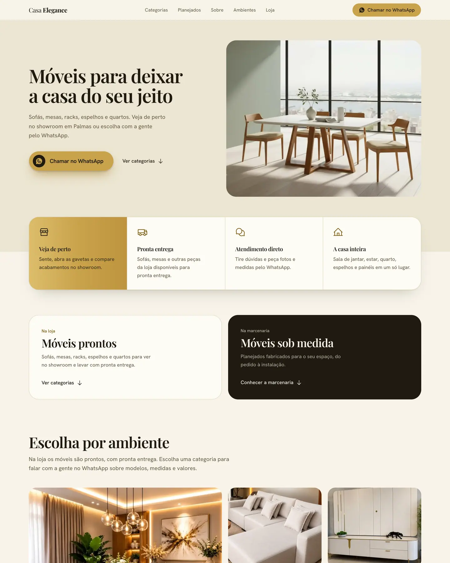Página da Casa Elegance, da abertura até a seção de móveis planejados.