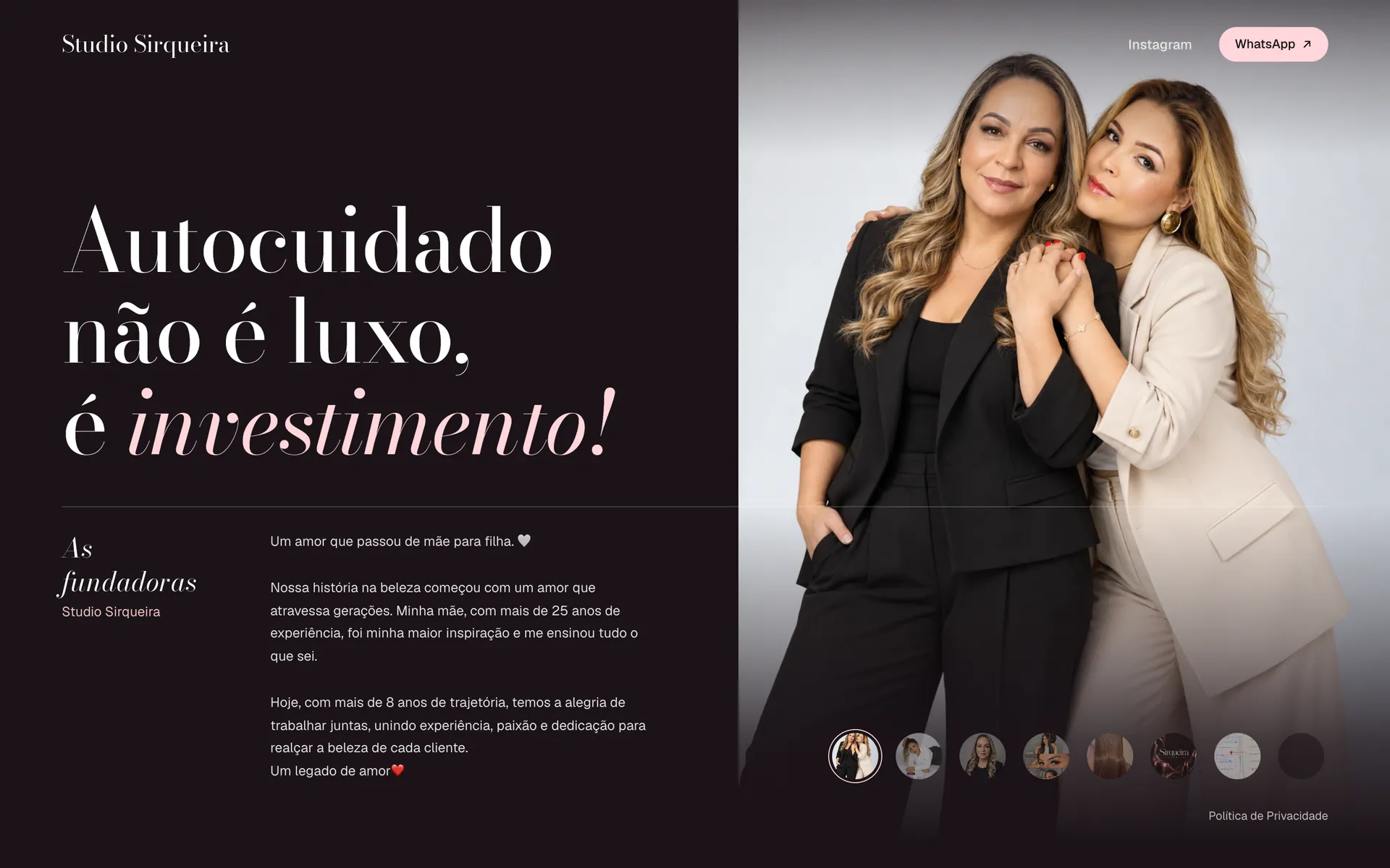 Primeira tela do site do Studio Sirqueira, com o título e a foto das fundadoras.